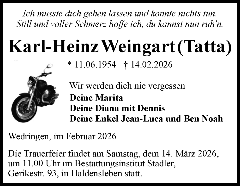  Traueranzeige für Karl-Heinz Weingart vom 21.02.2026 aus Volksstimme Haldensleben/Wolmirstedt