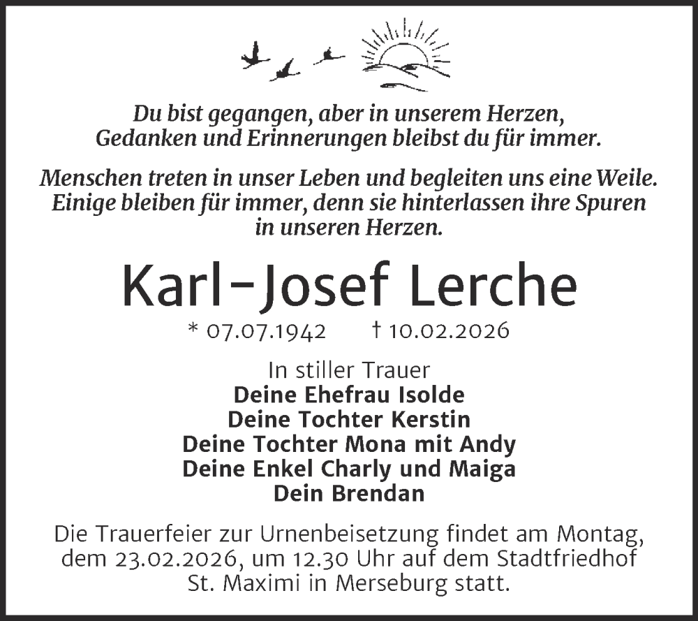  Traueranzeige für Karl-Josef Lerche vom 14.02.2026 aus Trauerkombi Merseburg