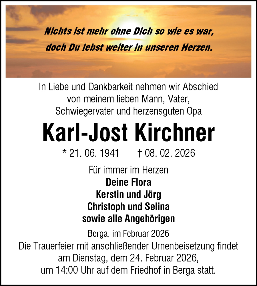  Traueranzeige für Karl-Jost Kirchner vom 14.02.2026 aus Trauerkombi Sangerhausen