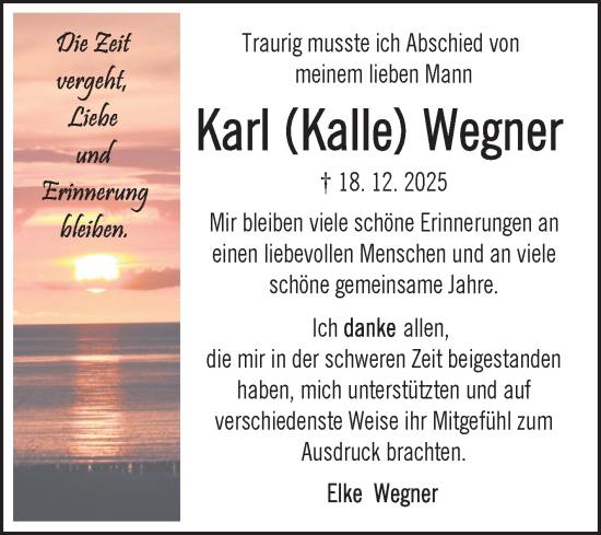 Traueranzeige von Karl Wegner von Trauerkombi Sangerhausen