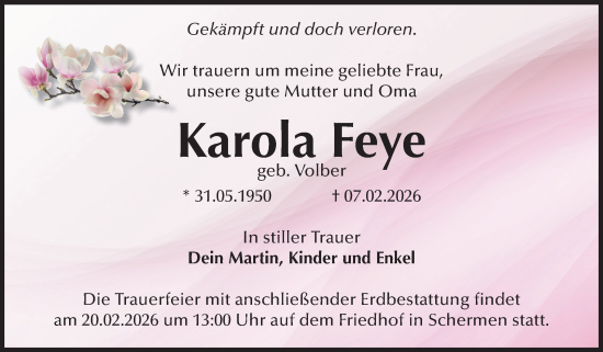Traueranzeige von Karola Feye von Volksstimme Burg/Genthin