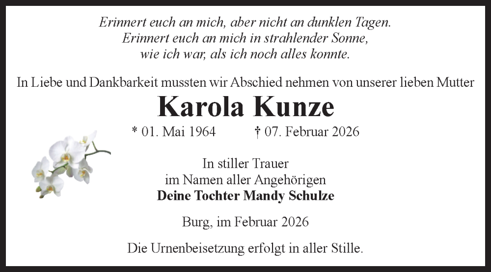  Traueranzeige für Karola Kunze vom 14.02.2026 aus Volksstimme Burg/Genthin