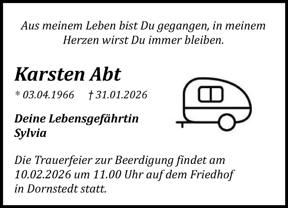  Traueranzeige für Karsten Abt vom 07.02.2026 aus Mitteldeutsche Zeitung Halle/Saalkreis