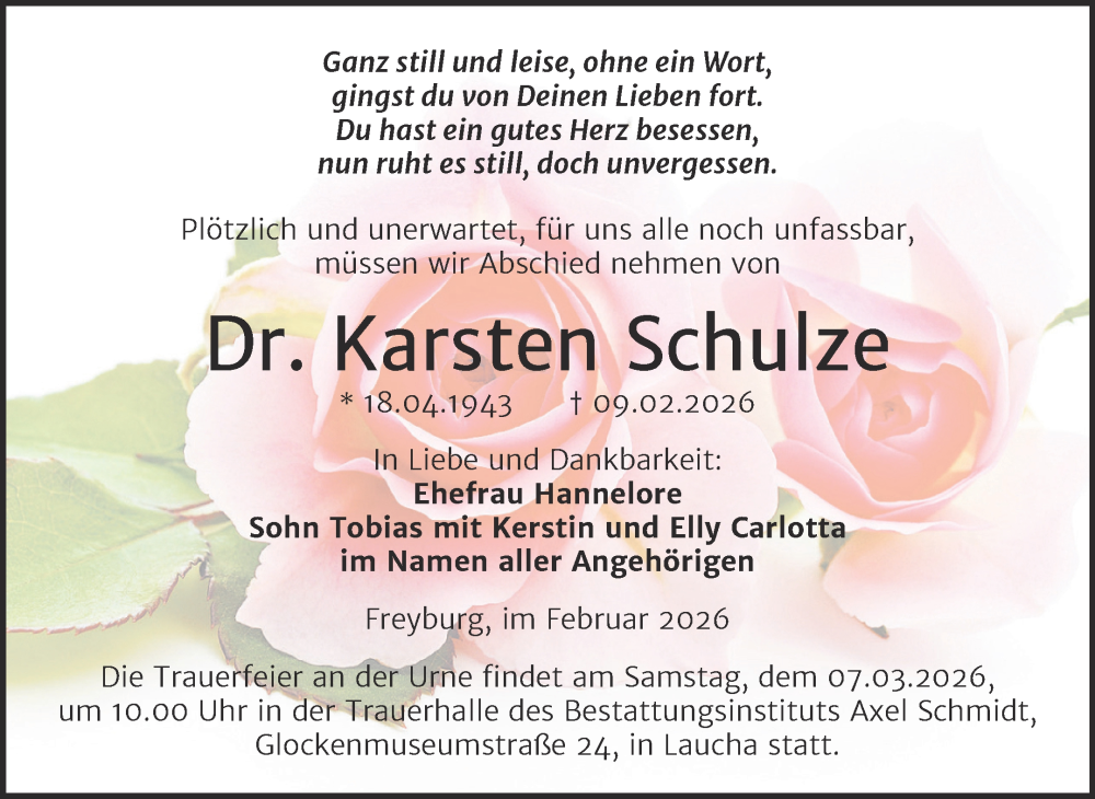  Traueranzeige für Karsten Schulze vom 14.02.2026 aus Naumburger Tageblatt