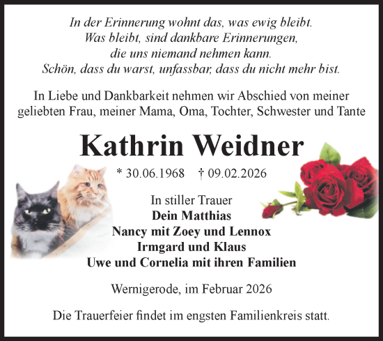 Traueranzeige von Kathrin Weidner von Volksstimme Wernigerode