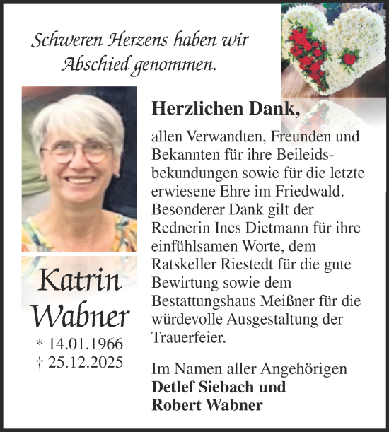 Traueranzeige von Katrin Wabner von Trauerkombi Sangerhausen