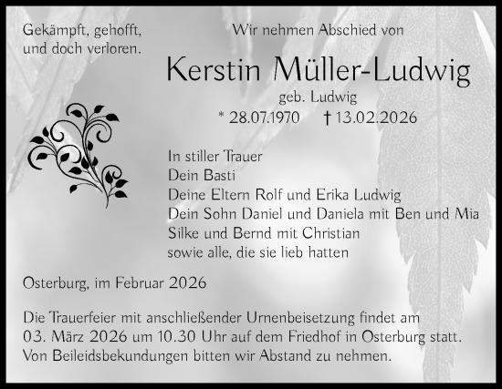 Traueranzeige von Kerstin Müller-Ludwig von Volksstimme Altmark Ost