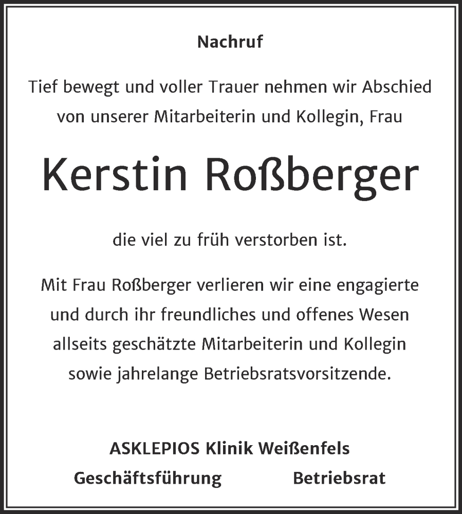  Traueranzeige für Kerstin Roßberger vom 21.02.2026 aus Mitteldeutsche Zeitung Weißenfels