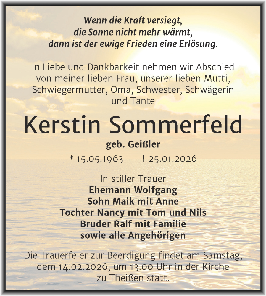  Traueranzeige für Kerstin Sommerfeld vom 07.02.2026 aus Trauerkombi Zeitz