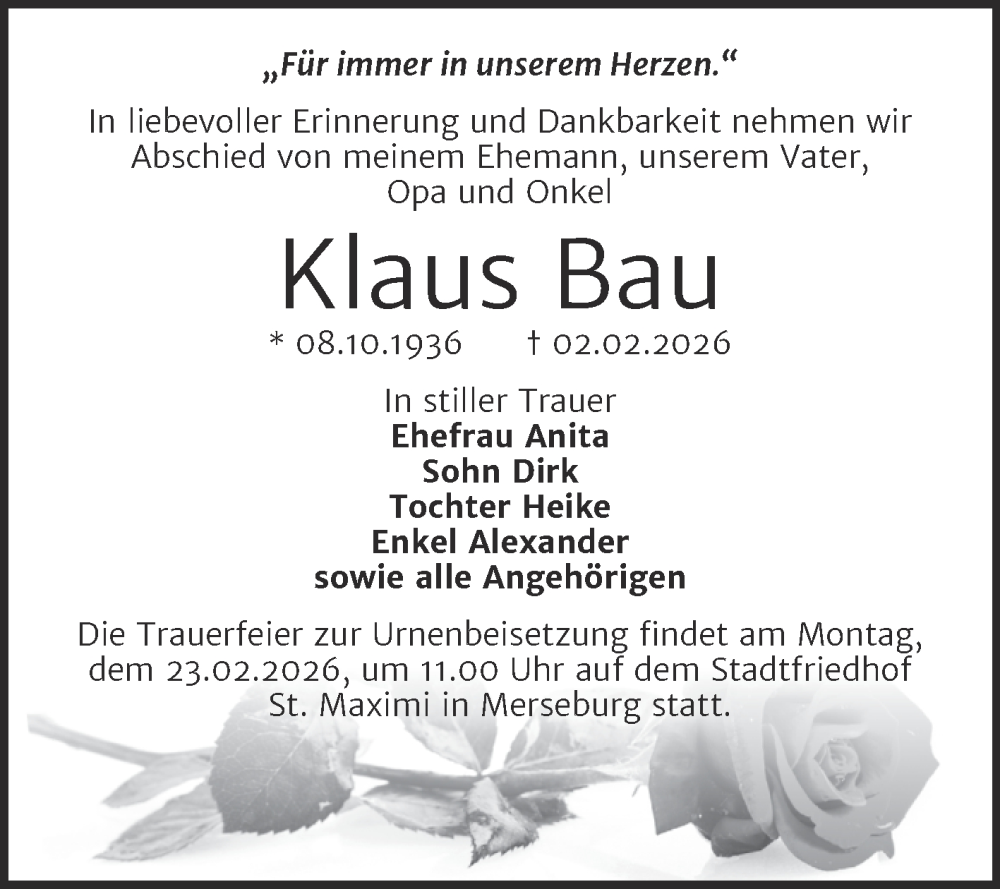  Traueranzeige für Klaus Bau vom 14.02.2026 aus Trauerkombi Merseburg