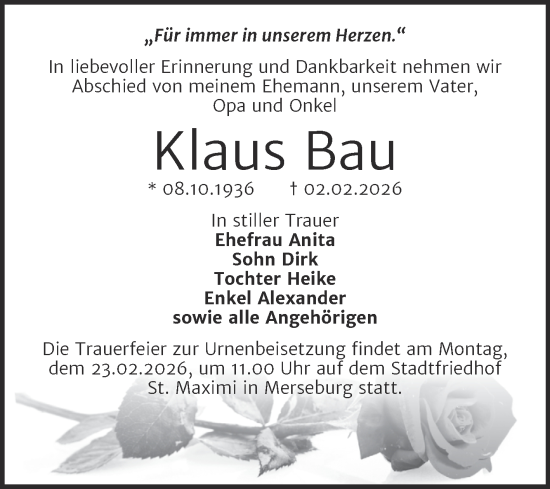 Traueranzeige von Klaus Bau von Trauerkombi Merseburg