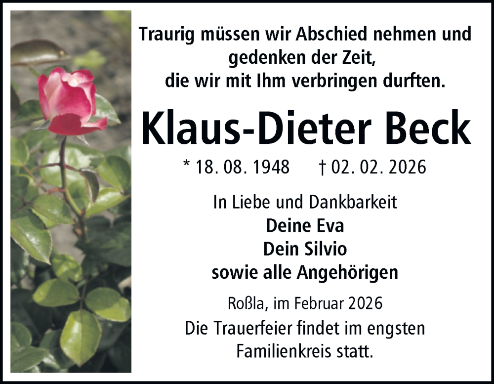  Traueranzeige für Klaus-Dieter Beck vom 07.02.2026 aus Trauerkombi Sangerhausen
