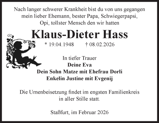 Traueranzeige von Klaus-Dieter Hass von Volksstimme Staßfurt