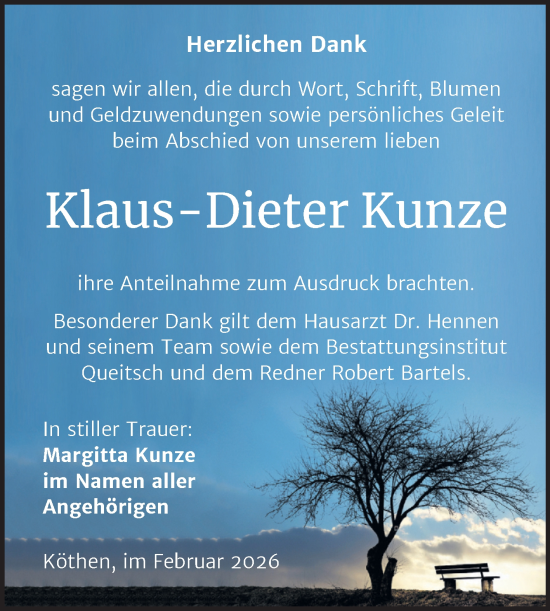 Traueranzeige von Klaus-Dieter Kunze von Trauerkombi Köthen