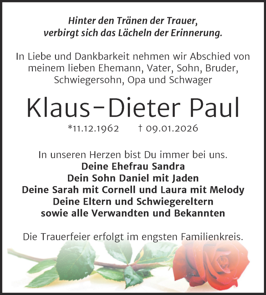  Traueranzeige für Klaus-Dieter Paul vom 14.02.2026 aus Trauerkombi Bitterfeld