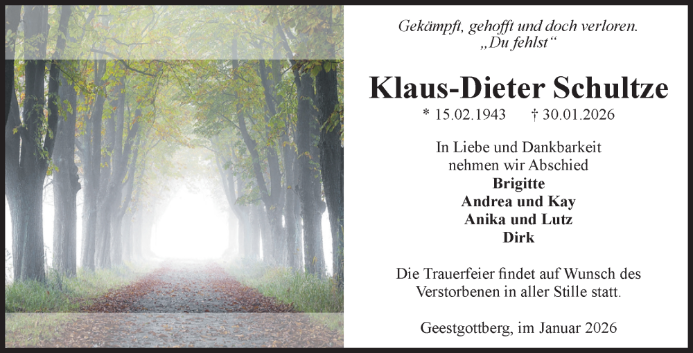  Traueranzeige für Klaus-Dieter Schultze vom 14.02.2026 aus Volksstimme Altmark Ost