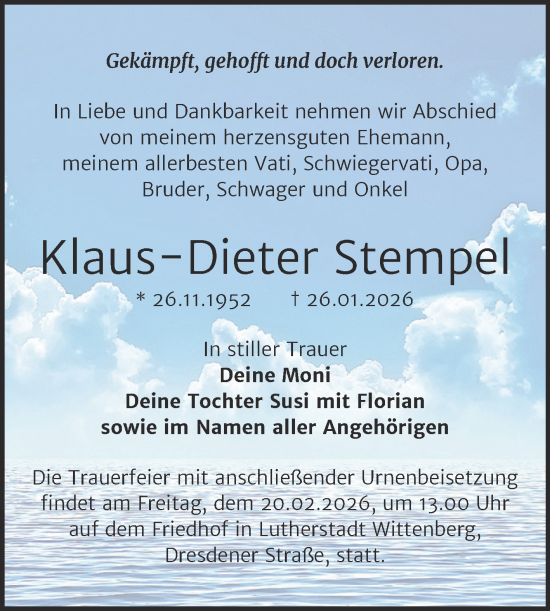 Traueranzeige von Klaus-Dieter Stempel von Trauerkombi Wittenberg