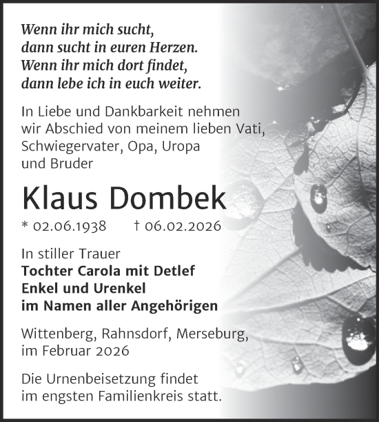 Traueranzeige von Klaus Dombek von Super Sonntag Merseburg/Querfurt