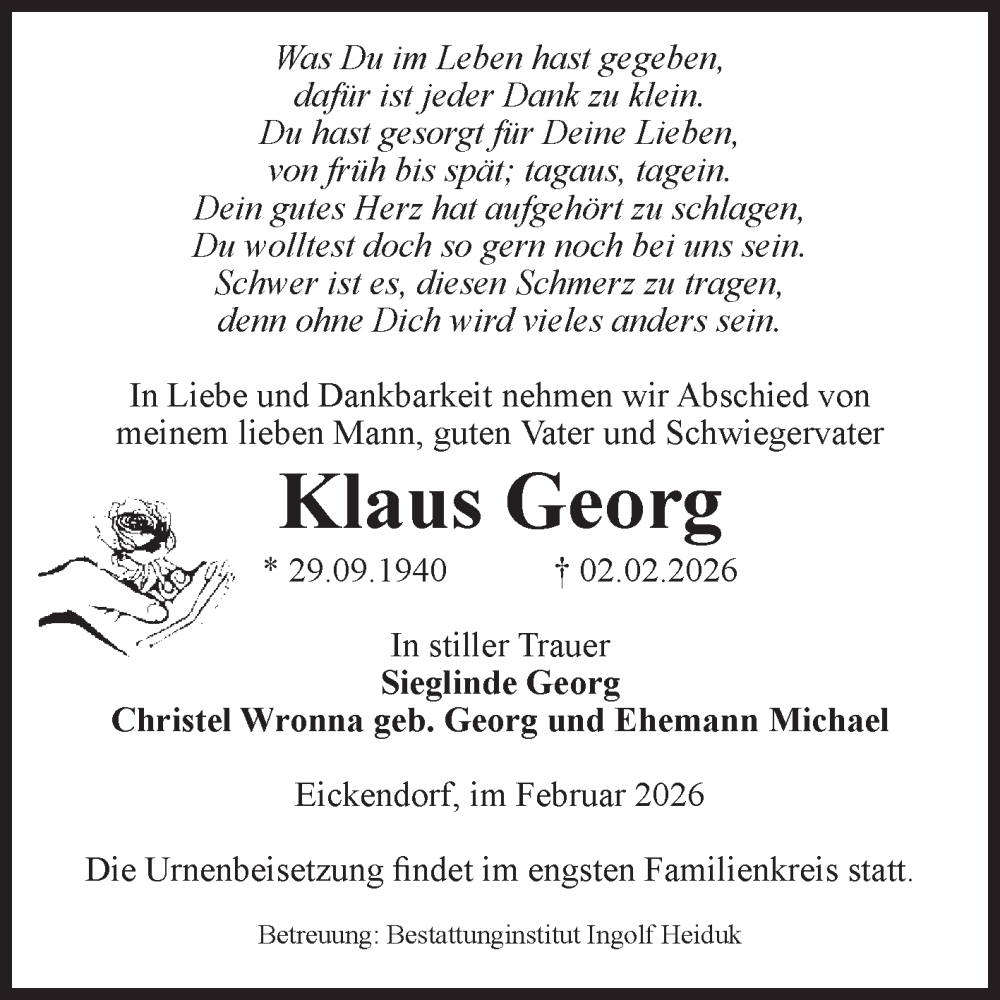  Traueranzeige für Klaus Georg vom 07.02.2026 aus Volksstimme Schönebeck