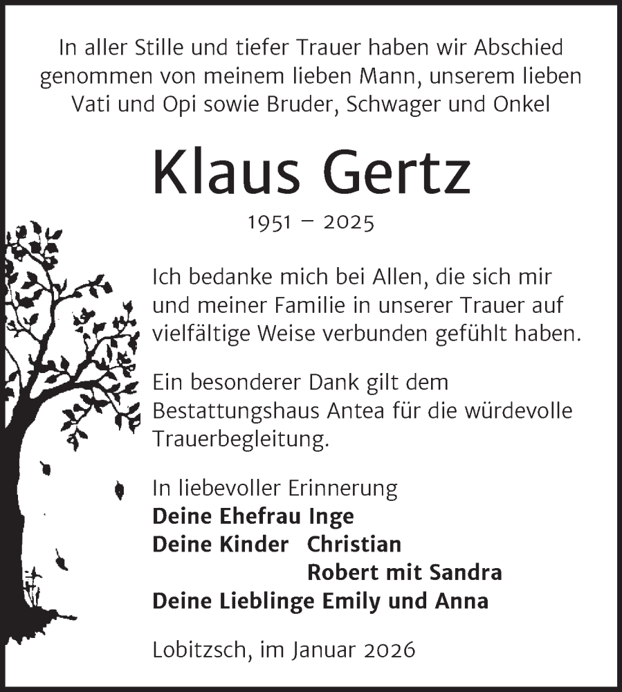  Traueranzeige für Klaus Gertz vom 07.02.2026 aus Trauerkombi Weißenfels