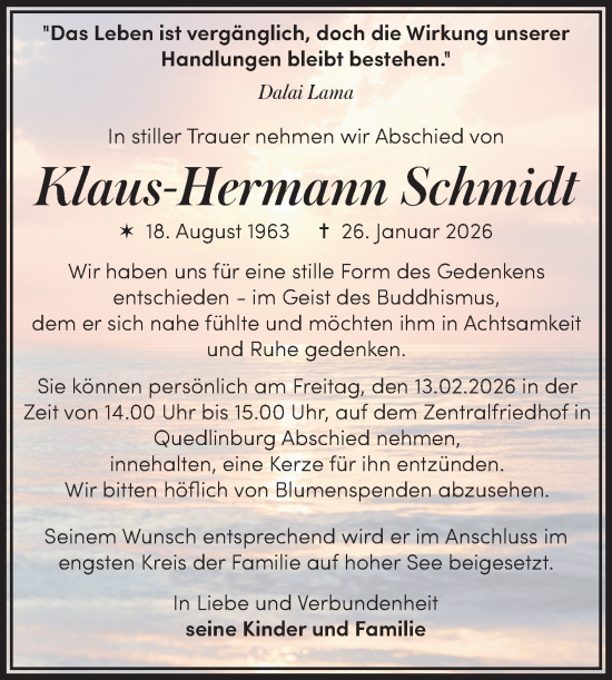 Traueranzeige von Klaus-Hermann Schmidt von Trauerkombi Quedlinburg