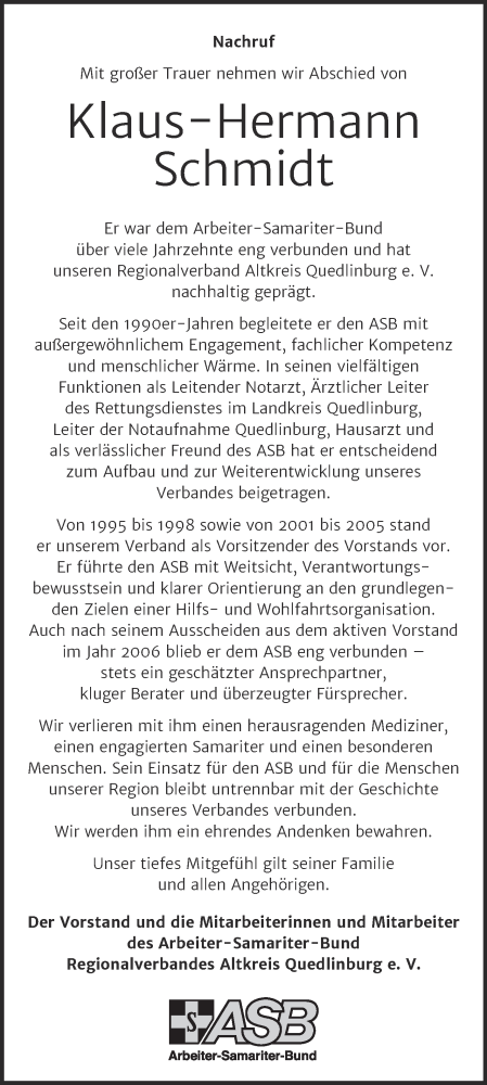 Traueranzeige von Klaus-Hermann Schmidt von Mitteldeutsche Zeitung Quedlingburg