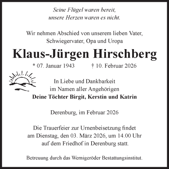 Traueranzeige von Klaus-Jürgen Hirschberg von Volksstimme Wernigerode