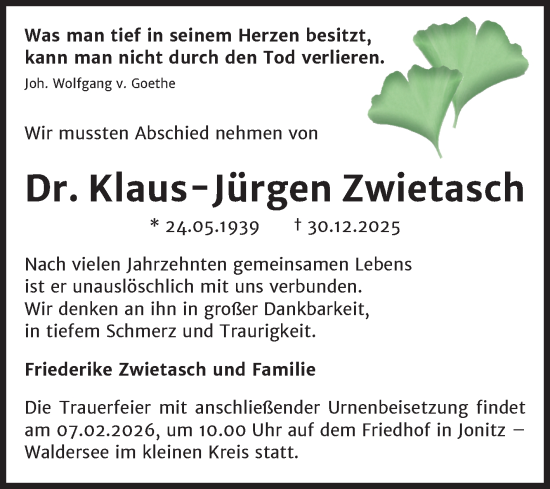 Traueranzeige von Klaus-Jürgen Zwietasch von Mitteldeutsche Zeitung Dessau-Roßlau