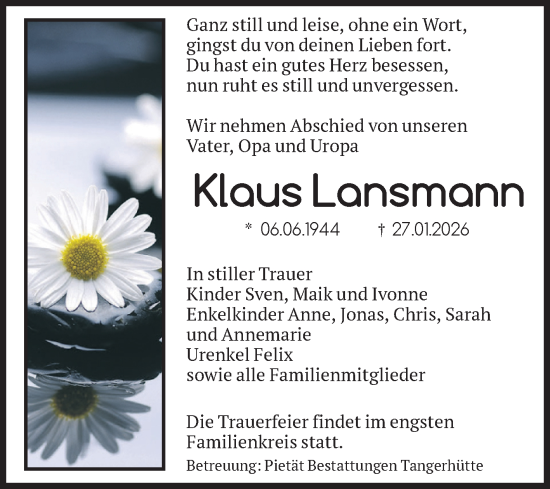 Traueranzeige von Klaus Lansmann von Volksstimme Altmark Ost