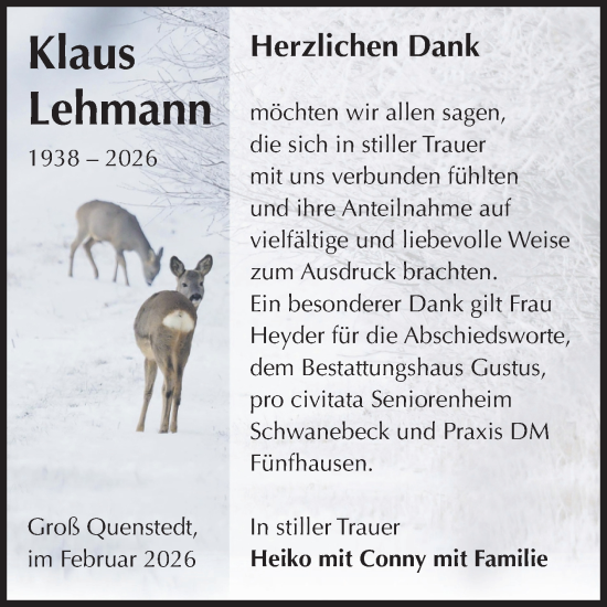 Traueranzeige von Klaus Lehmann von Volksstimme Halberstadt