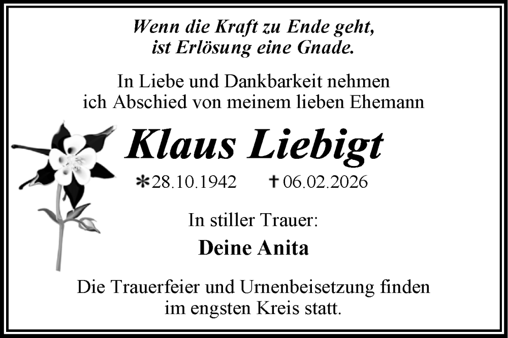  Traueranzeige für Klaus Liebigt vom 14.02.2026 aus Trauerkombi Dessau