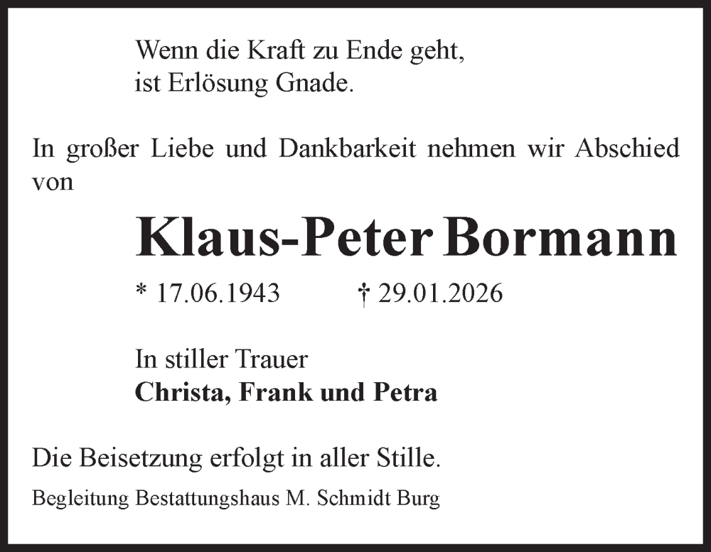  Traueranzeige für Klaus-Peter Bormann vom 07.02.2026 aus Volksstimme Burg/Genthin