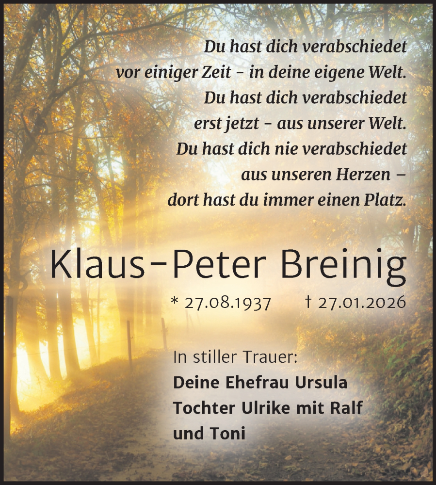  Traueranzeige für Klaus-Peter Breinig vom 14.02.2026 aus Mitteldeutsche Zeitung Halle/Saalkreis