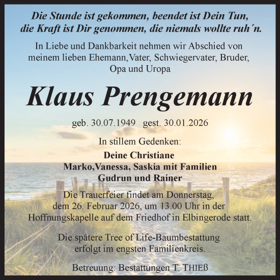 Traueranzeige von Klaus Prengemann von Volksstimme Wernigerode