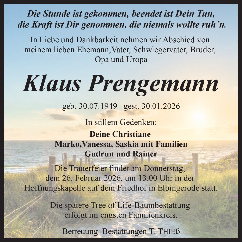  Traueranzeige für Klaus Prengemann vom 07.02.2026 aus Volksstimme Wernigerode