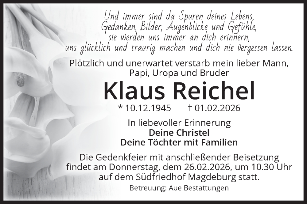  Traueranzeige für Klaus Reichel vom 14.02.2026 aus Volksstimme Magdeburg