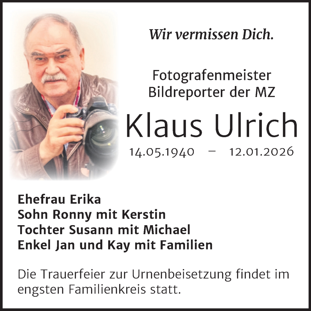  Traueranzeige für Klaus Ulrich vom 14.02.2026 aus Naumburger Tageblatt