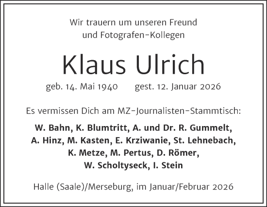 Traueranzeige von Klaus Ulrich von Mitteldeutsche Zeitung Merseburg/Querfurt