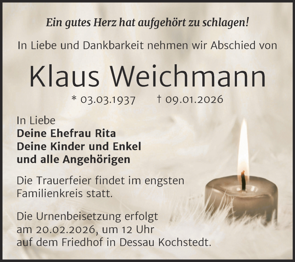  Traueranzeige für Klaus Weichmann vom 07.02.2026 aus Trauerkombi Dessau