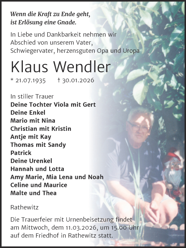  Traueranzeige für Klaus Wendler vom 14.02.2026 aus Super Sonntag Naumburg/Nebra