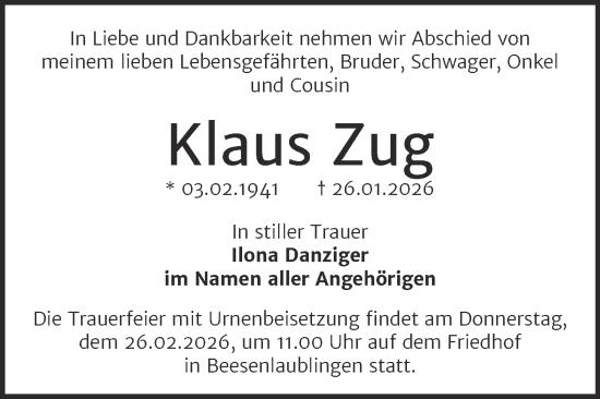 Traueranzeige von Klaus Zug von Trauerkombi Bernburg
