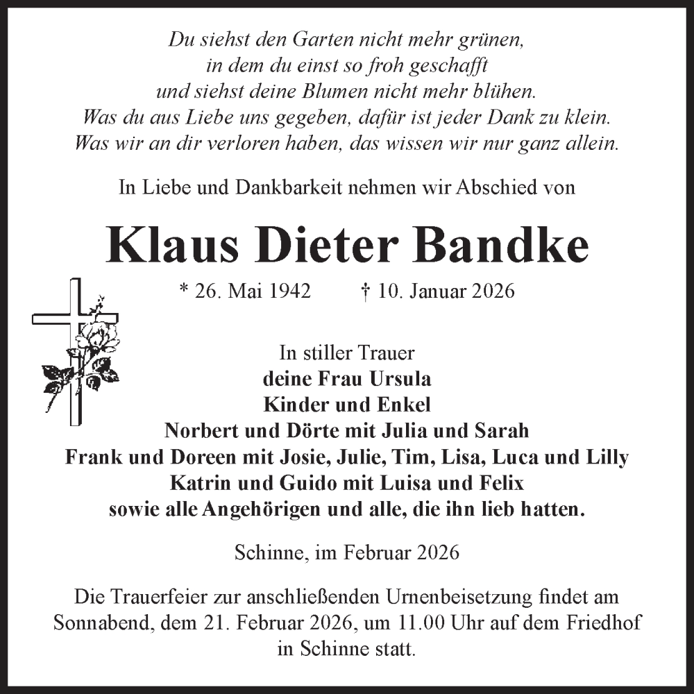  Traueranzeige für Klaus Dieter Bandke vom 07.02.2026 aus Volksstimme Altmark Ost