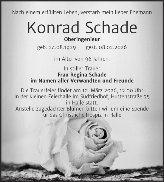 Traueranzeige von Konrad Schade von Mitteldeutsche Zeitung Halle/Saalkreis