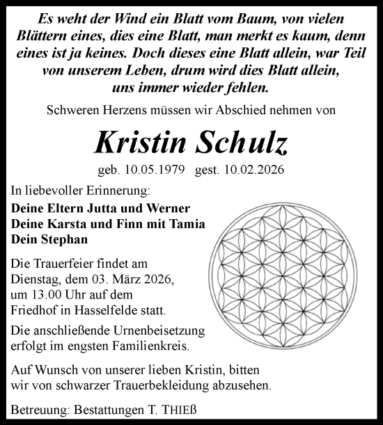 Traueranzeige von Kristin Schulz von Volksstimme Wernigerode