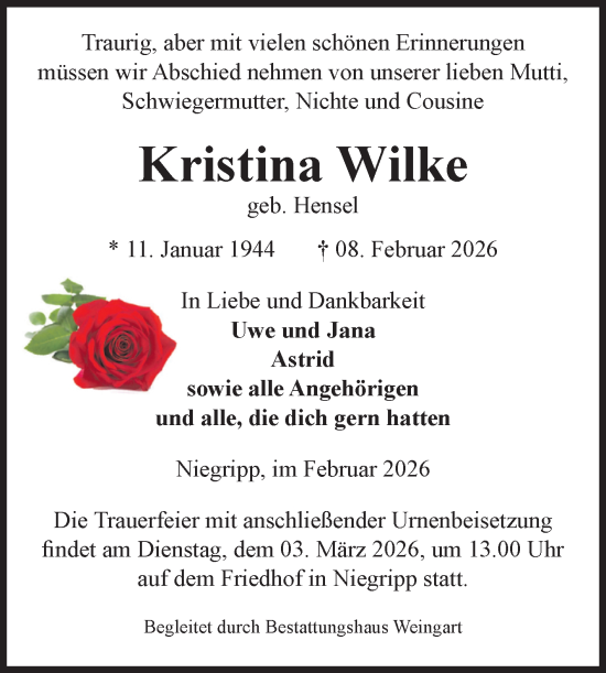 Traueranzeige von Kristina Wilke 