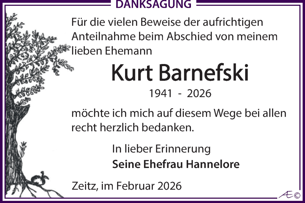  Traueranzeige für Kurt Barnefski vom 07.02.2026 aus Trauerkombi Zeitz