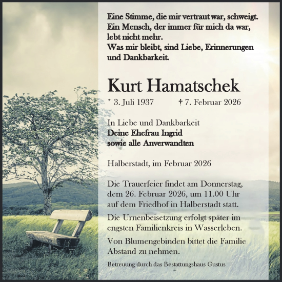 Traueranzeige von Kurt Hamatschek von Volksstimme Halberstadt