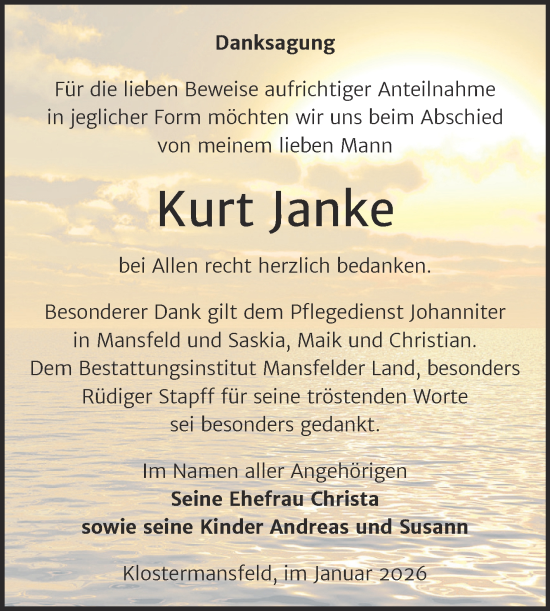Traueranzeige von Kurt Janke von Trauerkombi Mansfelder Land