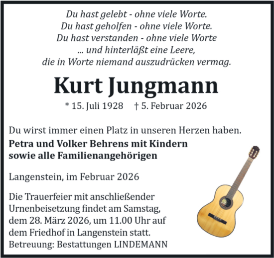 Traueranzeige von Kurt Jungmann von Volksstimme Halberstadt