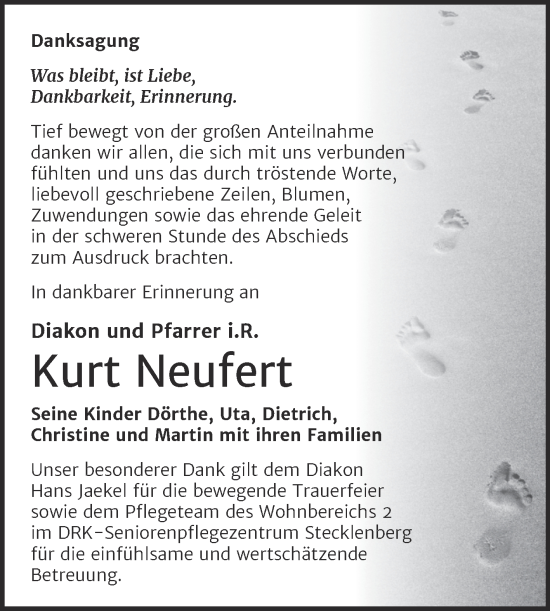 Traueranzeige von Kurt Neufert von Trauerkombi Quedlinburg